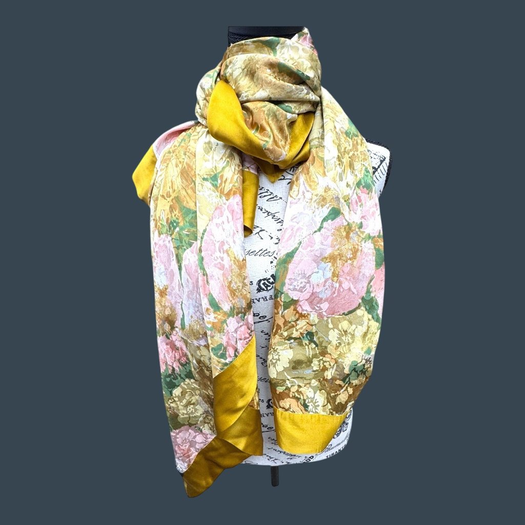 Franco Ferrari 100 Silk Floral Watercolor Square Scarf Italy Yellow Gold Border